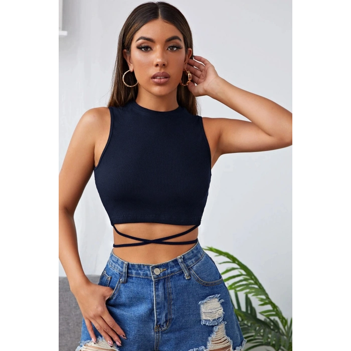 MARSiLYAN- Kadın Lacivert Çapraz Bağlamalı Crop Top Büstiyer