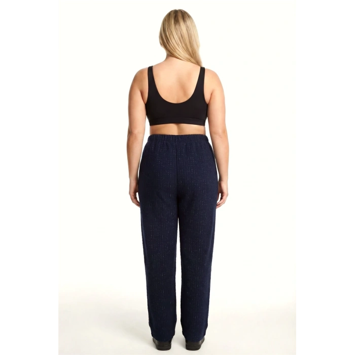 MARSiLYAN- Kadın Lacivert Dokulu Büyük Beden Cepli Pijama Altı Rahat Kesim Esnek Bel Günlük Ev Giyim Alt