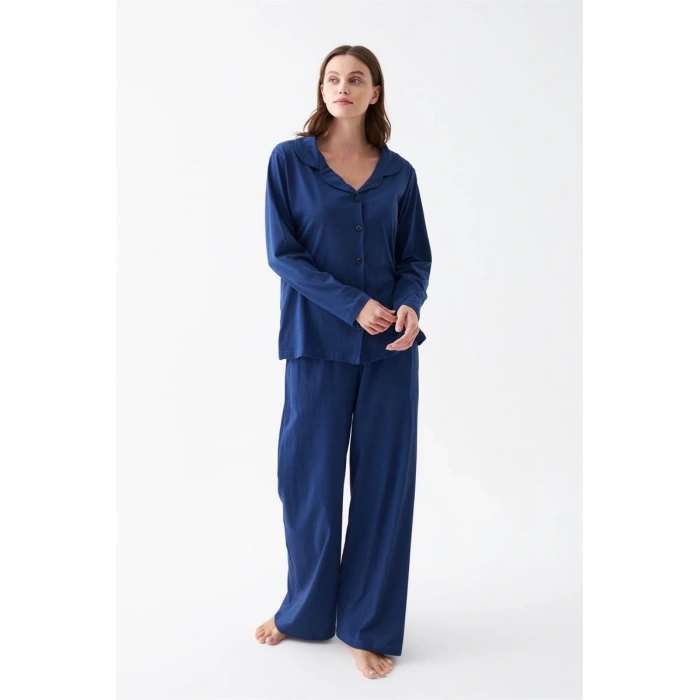 MARSiLYAN- Kadın Lacivert Düğmeli Yaka Detaylı Pamuklu Pijama Takımı