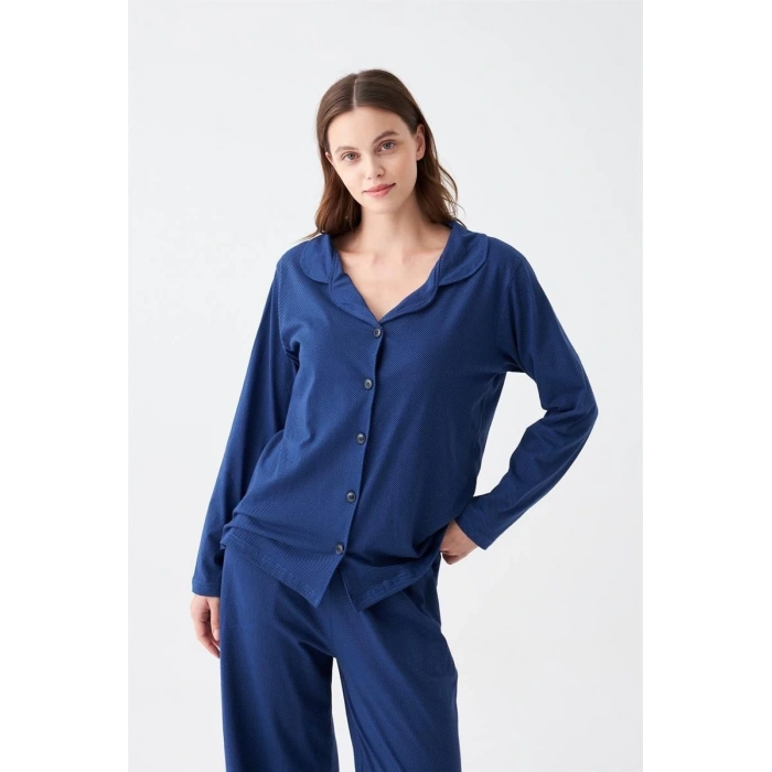 MARSiLYAN- Kadın Lacivert Düğmeli Yaka Detaylı Pamuklu Pijama Takımı