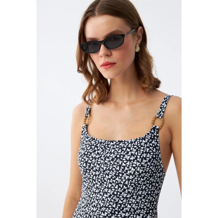 MARSiLYAN- Kadın Lacivert Geometrik Desenli Aksesuar Askılı Tek Parça Mayo