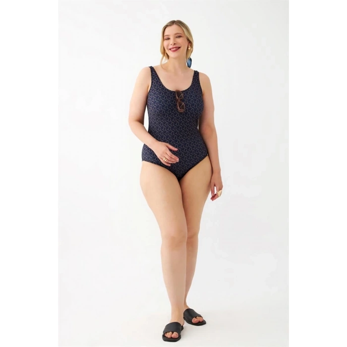 MARSiLYAN- Kadın Lacivert Geometrik Desenli Büyük Beden Tek Parça Mayo