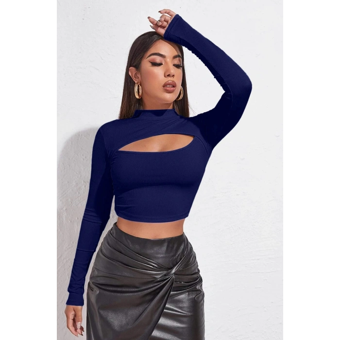 MARSiLYAN- Kadın Lacivert Göğüs Dekolteli Uzun Kollu Cut Out Crop Top Bluz