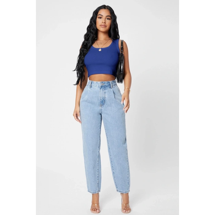 MARSiLYAN- Kadın Lacivert Kare Yaka Crop Top Bluz