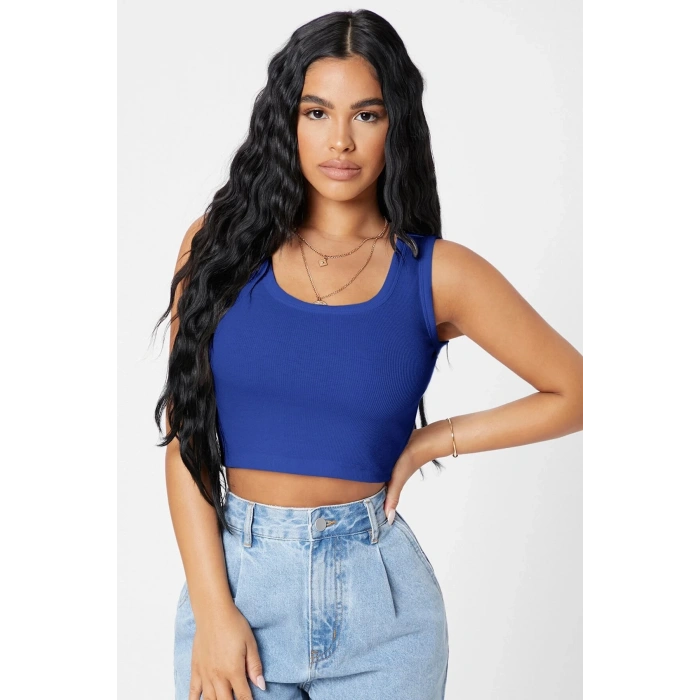 MARSiLYAN- Kadın Lacivert Kare Yaka Crop Top Bluz