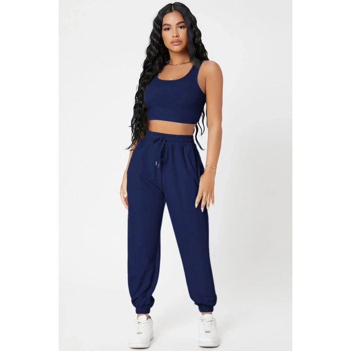 MARSiLYAN- Kadın Lacivert Kaşkorse Cepli Jogger Eşofman Altı ve Crop Top Bluz
