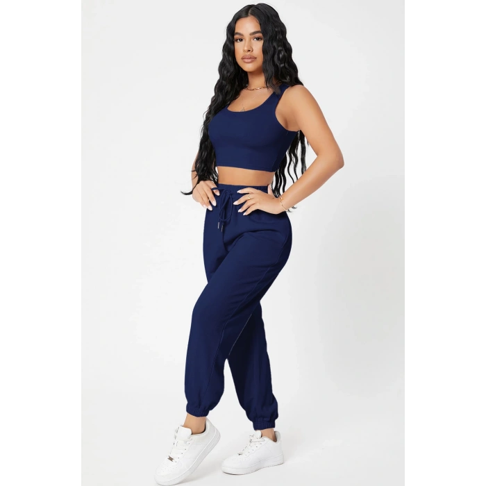 MARSiLYAN- Kadın Lacivert Kaşkorse Cepli Jogger Eşofman Altı ve Crop Top Bluz