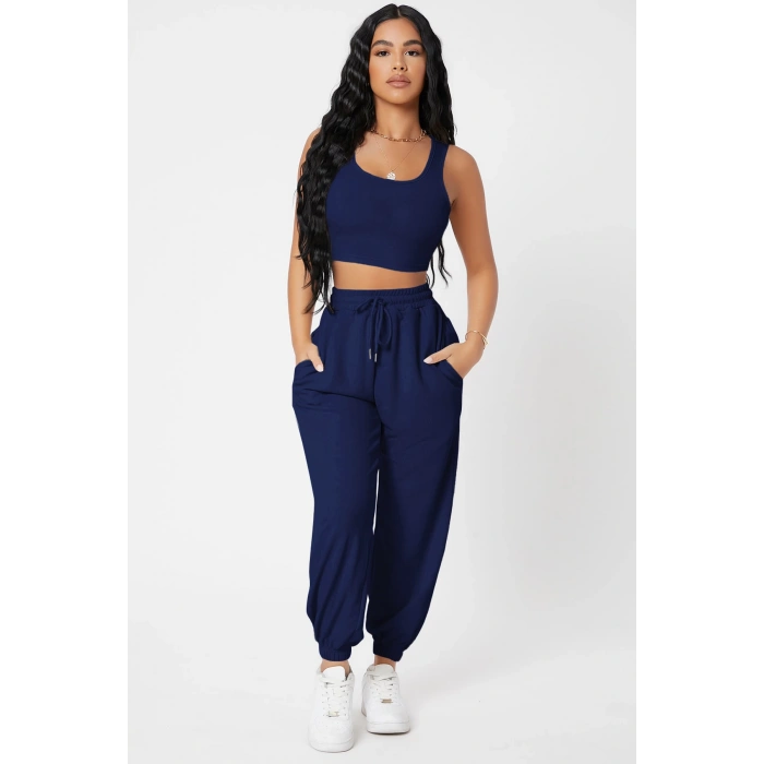MARSiLYAN- Kadın Lacivert Kaşkorse Cepli Jogger Eşofman Altı ve Crop Top Bluz