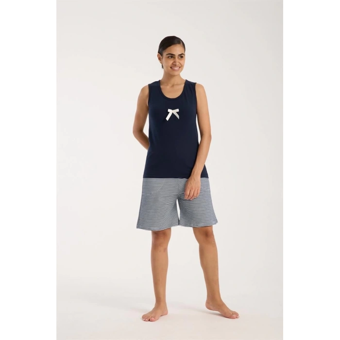 MARSiLYAN- Kadın Lacivert Kurdele Detaylı Çizgili Şortlu Pijama Takımı