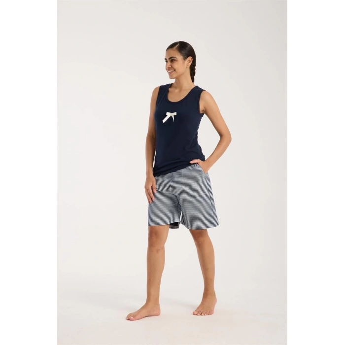 MARSiLYAN- Kadın Lacivert Kurdele Detaylı Çizgili Şortlu Pijama Takımı