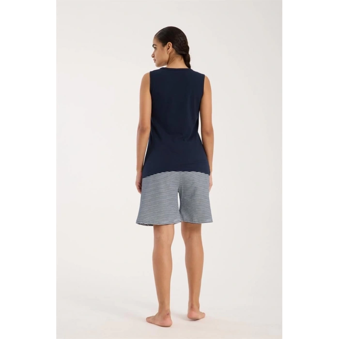 MARSiLYAN- Kadın Lacivert Kurdele Detaylı Çizgili Şortlu Pijama Takımı