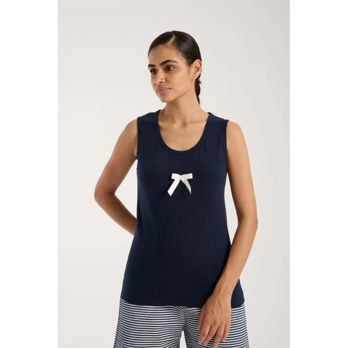 MARSiLYAN- Kadın Lacivert Kurdele Detaylı Çizgili Şortlu Pijama Takımı