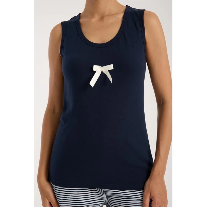 MARSiLYAN- Kadın Lacivert Kurdele Detaylı Çizgili Şortlu Pijama Takımı