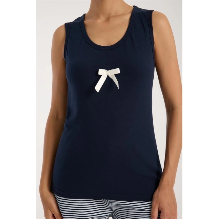 MARSiLYAN- Kadın Lacivert Kurdele Detaylı Çizgili Şortlu Pijama Takımı