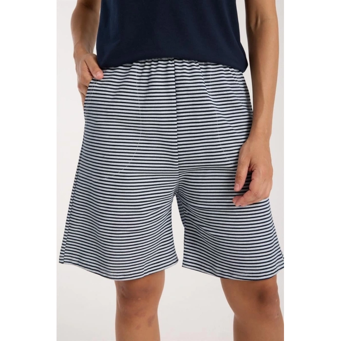 MARSiLYAN- Kadın Lacivert Kurdele Detaylı Çizgili Şortlu Pijama Takımı