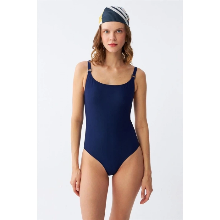 MARSiLYAN- Kadın Lacivert Metal Aksesuarlı İnce Askılı Tek Parça Mayo