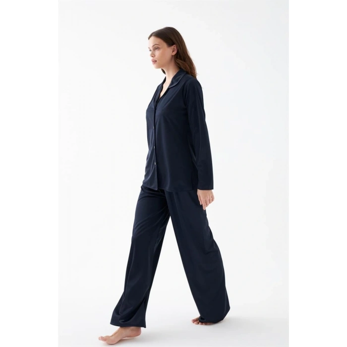 MARSiLYAN- Kadın Lacivert Oversize Saten Pijama Takımı – Rahat Kesim Şık Ev Giyim Seti