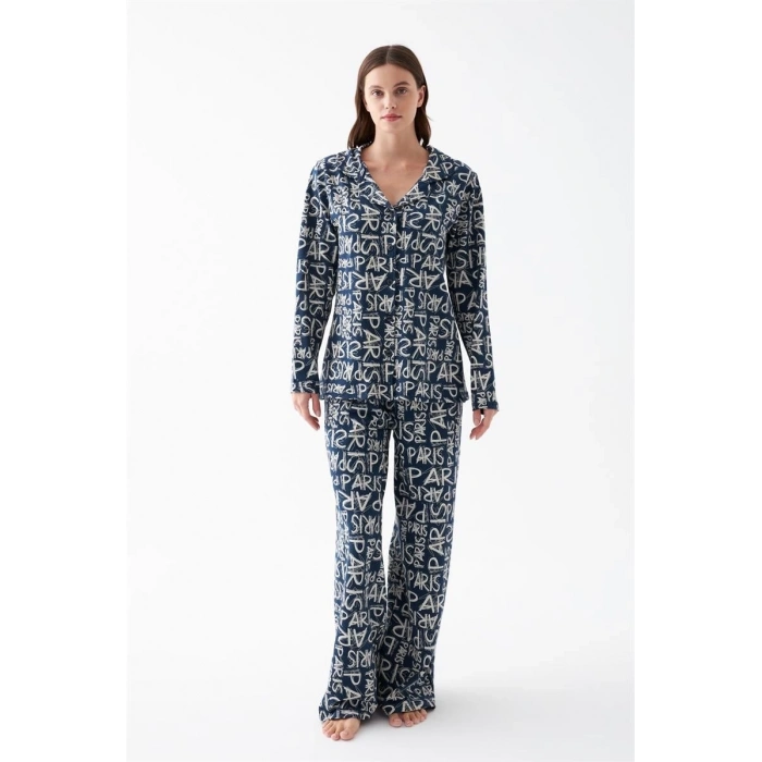 MARSiLYAN- Kadın Lacivert “Paris” Yazı Desenli Düğmeli Pamuklu Pijama Takımı