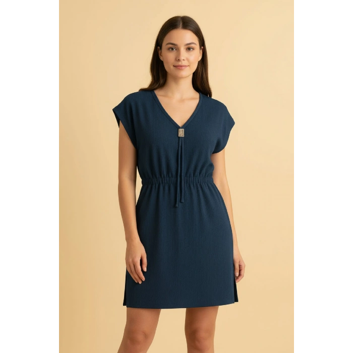 MARSiLYAN- Kadın Lacivert Yanları Yırtmaçlı Tokalı V Yaka Mini Plaj Elbisesi