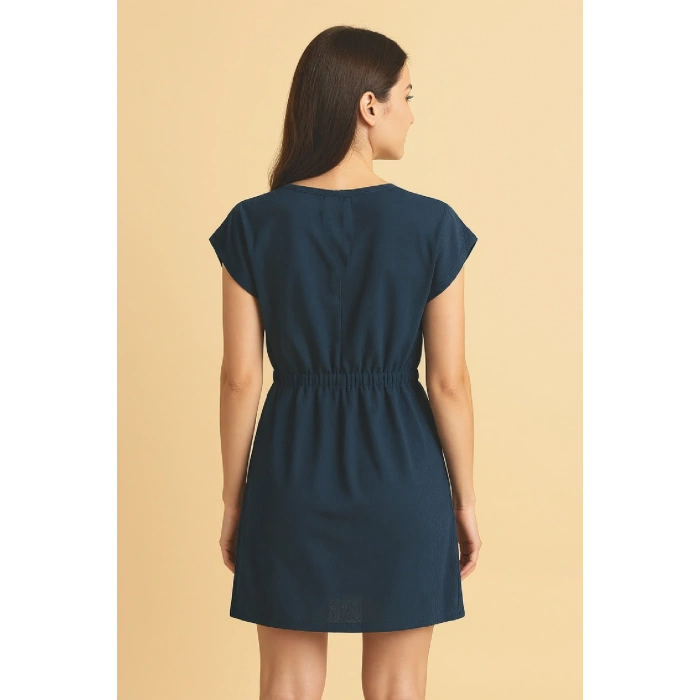MARSiLYAN- Kadın Lacivert Yanları Yırtmaçlı Tokalı V Yaka Mini Plaj Elbisesi