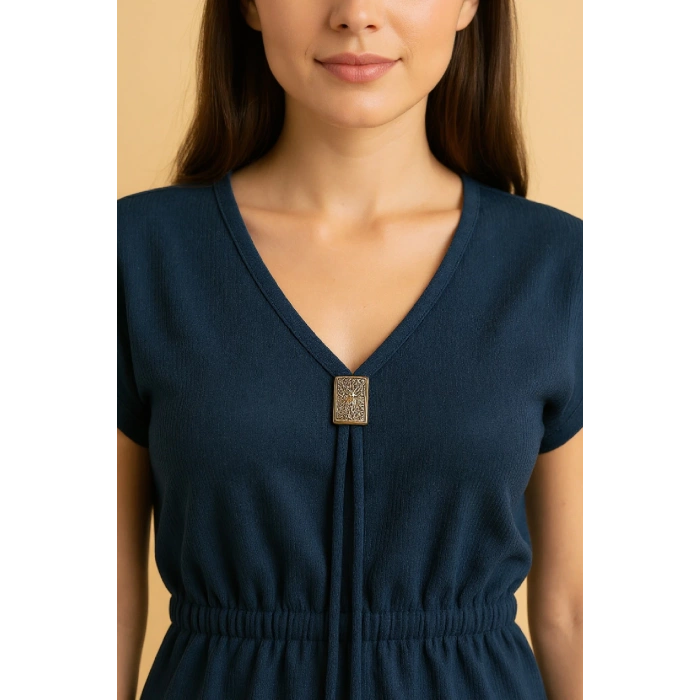 MARSiLYAN- Kadın Lacivert Yanları Yırtmaçlı Tokalı V Yaka Mini Plaj Elbisesi