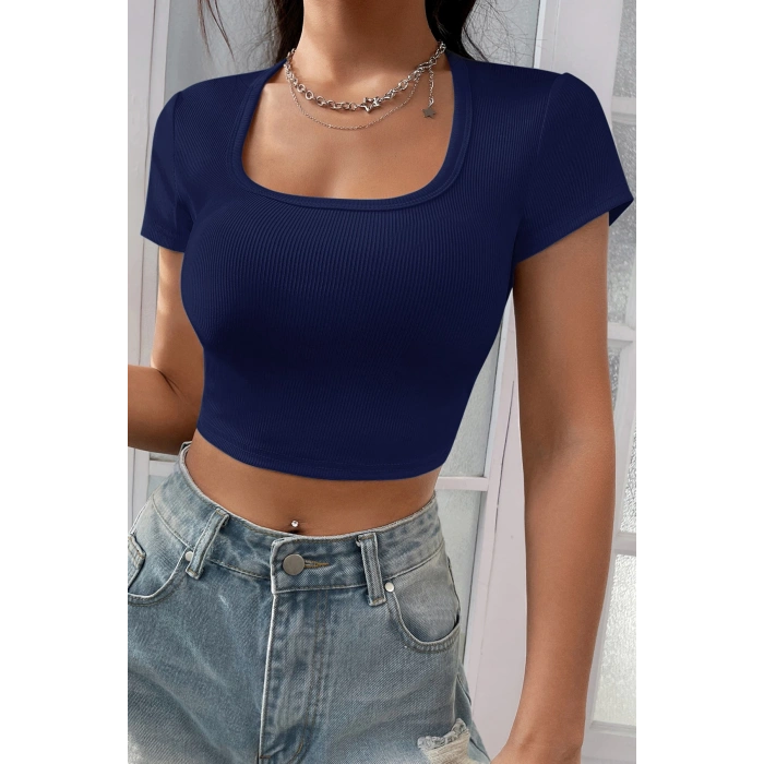 MARSiLYAN- Kadın Lacivert Yarım Kol Düz Yaka Crop Top Bluz