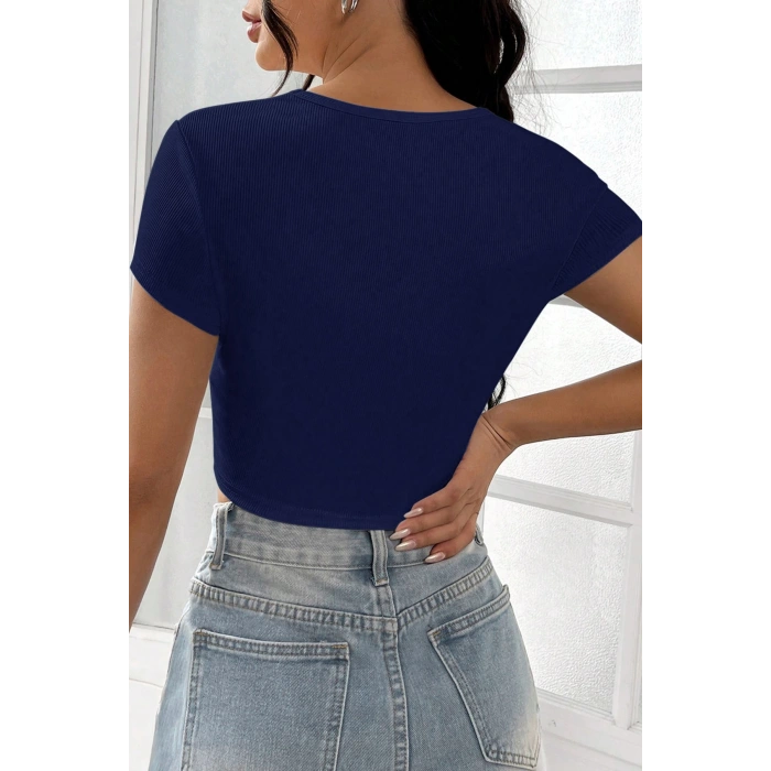 MARSiLYAN- Kadın Lacivert Yarım Kol Düz Yaka Crop Top Bluz