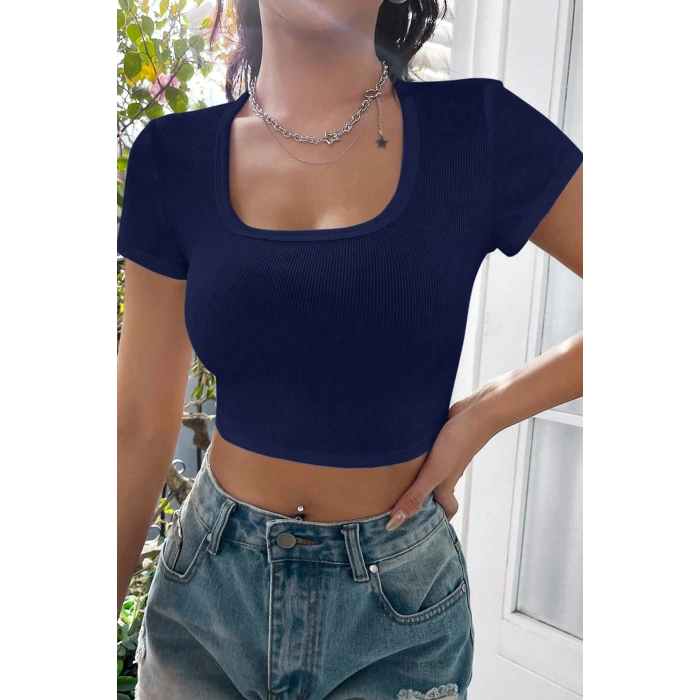 MARSiLYAN- Kadın Lacivert Yarım Kol Düz Yaka Crop Top Bluz