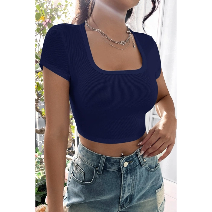 MARSiLYAN- Kadın Lacivert Yarım Kol Düz Yaka Crop Top Bluz