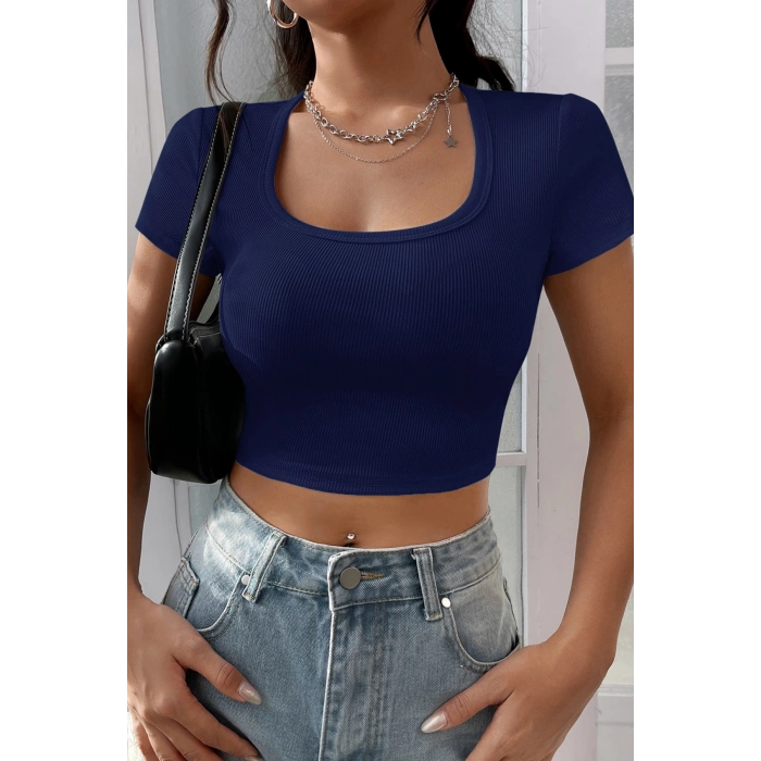 MARSiLYAN- Kadın Lacivert Yarım Kol Düz Yaka Crop Top Bluz