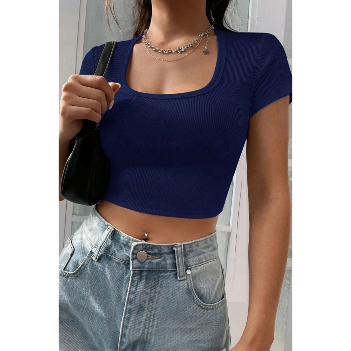 MARSiLYAN- Kadın Lacivert Yarım Kol Düz Yaka Crop Top Bluz