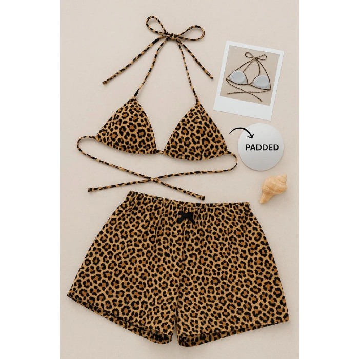 MARSiLYAN- Kadın Leopar Desenli Şortlu Belden ve Boyundan Bağlamalı Bikini Takımı