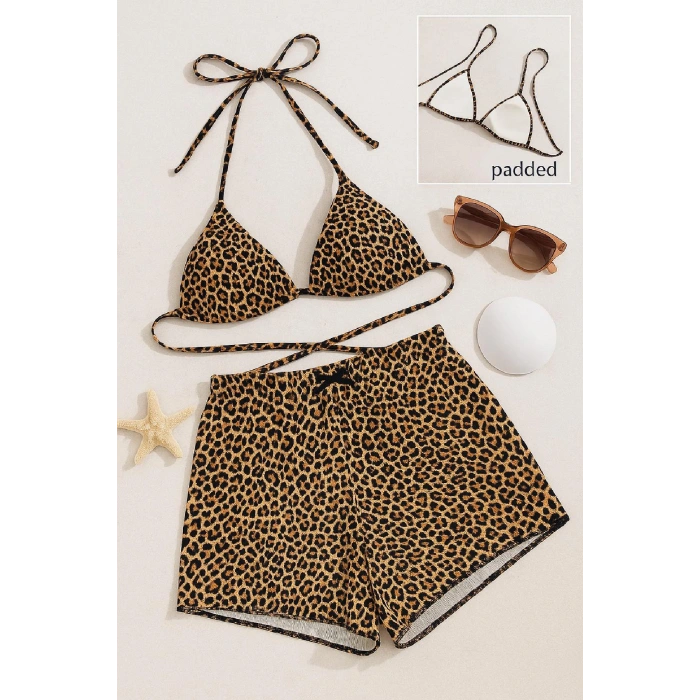 MARSiLYAN- Kadın Leopar Desenli Şortlu Belden ve Boyundan Bağlamalı Bikini Takımı