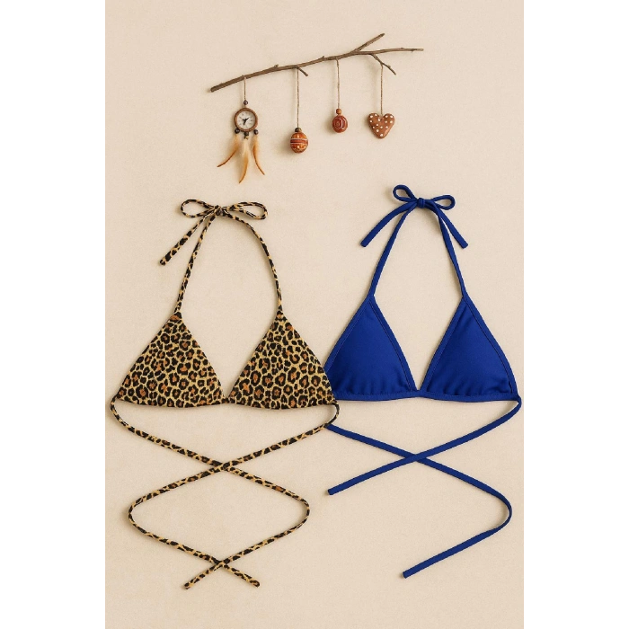 MARSiLYAN- Kadın Leopar Desenli ve Mavi Minimal Kesim Üçgen Bikini Üstü