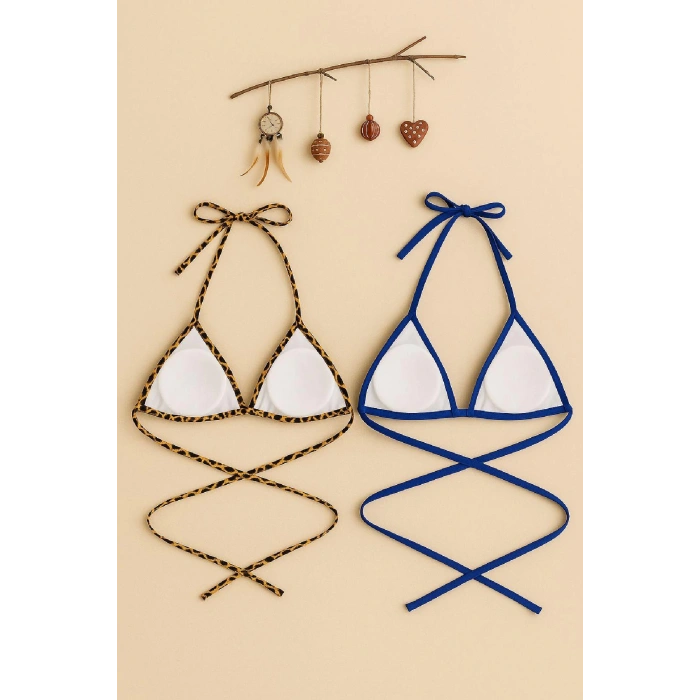 MARSiLYAN- Kadın Leopar Desenli ve Mavi Minimal Kesim Üçgen Bikini Üstü