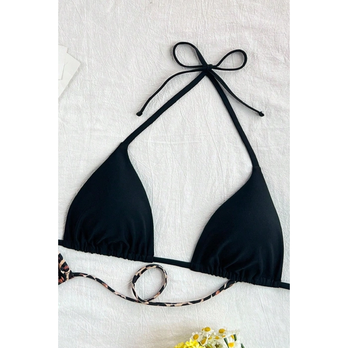 MARSiLYAN- Kadın Leopar Desenli ve Siyah Minimal Kesim Üçgen Bikini Üstü