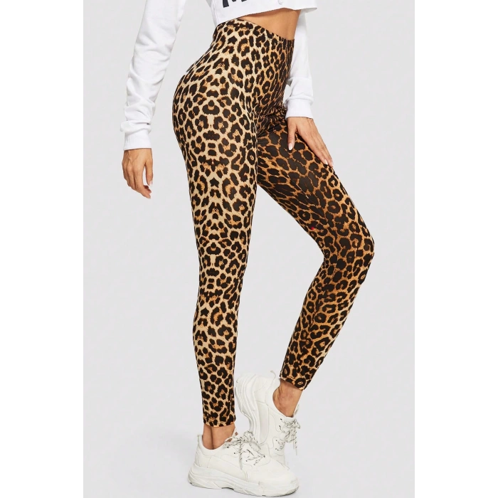 MARSiLYAN- Kadın Leopar Desenli Yüksek Bel Dar Kesim Esnek Tayt