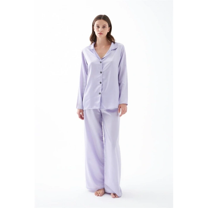 MARSiLYAN- Kadın Lila Oversize Saten Pijama Takımı – Rahat Kesim Şık Ev Giyim Seti