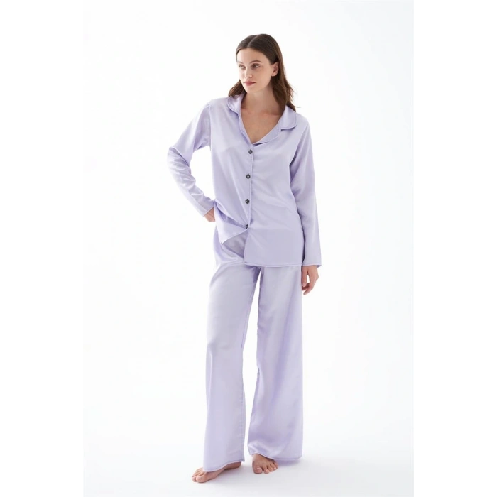MARSiLYAN- Kadın Lila Oversize Saten Pijama Takımı – Rahat Kesim Şık Ev Giyim Seti