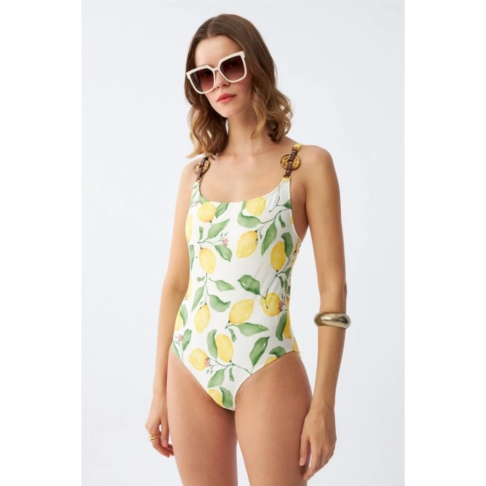 MARSiLYAN- Kadın Limon Desenli Aksesuar Askılı Tek Parça Mayo – Ekru