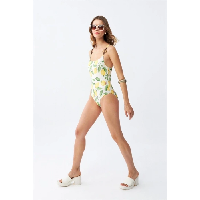 MARSiLYAN- Kadın Limon Desenli Aksesuar Askılı Tek Parça Mayo – Ekru