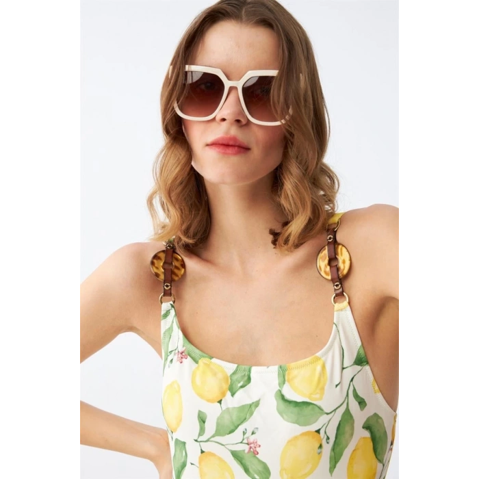 MARSiLYAN- Kadın Limon Desenli Aksesuar Askılı Tek Parça Mayo – Ekru