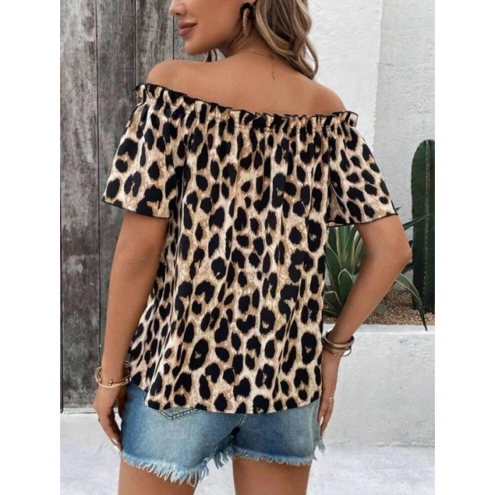 MARSiLYAN- Kadın Madonna Yaka Fırfırlı Leopar Desenli Mikro Kumaş Bluz