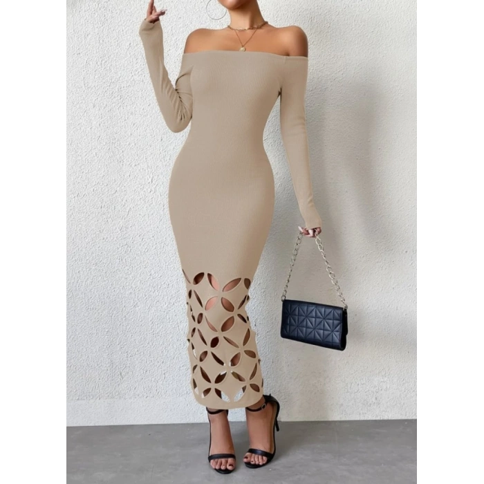 MARSiLYAN- Kadın Madonna Yaka Uzun Kollu Lazer çiçek Kesim Detaylı Uzun Ithal Krep Elbise