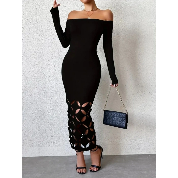 MARSiLYAN- Kadın Madonna Yaka Uzun Kollu Lazer çiçek Kesim Detaylı Uzun Ithal Krep Elbise