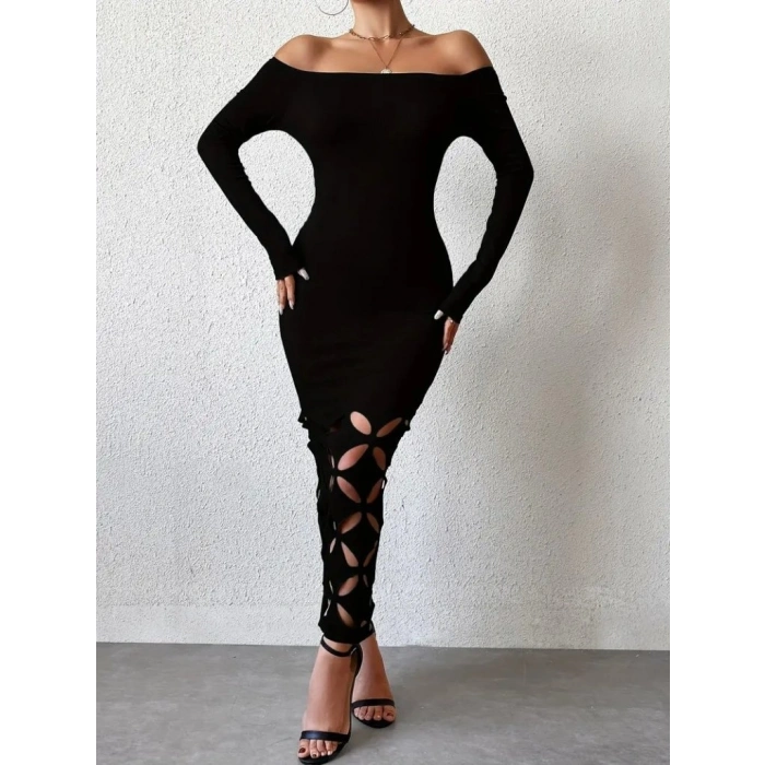 MARSiLYAN- Kadın Madonna Yaka Uzun Kollu Lazer çiçek Kesim Detaylı Uzun Ithal Krep Elbise