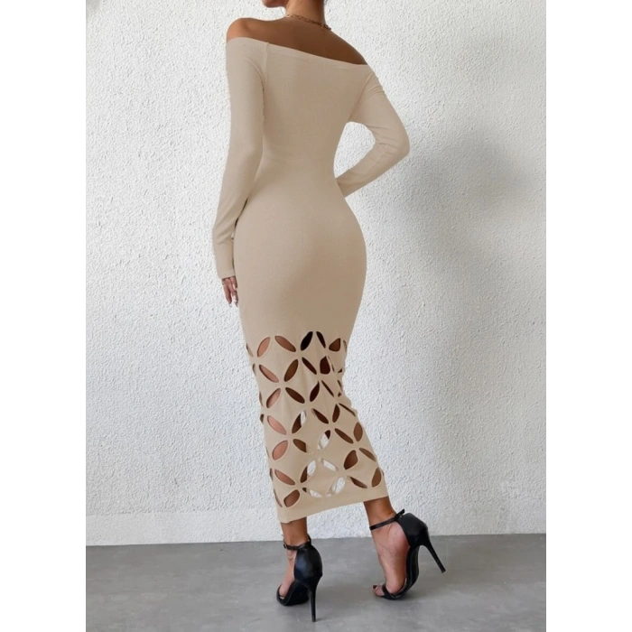 MARSiLYAN- Kadın Madonna Yaka Uzun Kollu Lazer çiçek Kesim Detaylı Uzun Ithal Krep Elbise