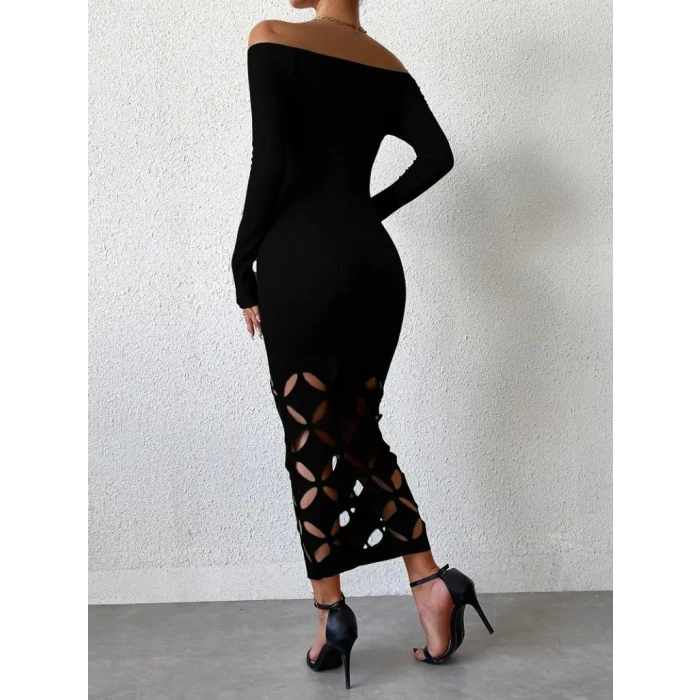 MARSiLYAN- Kadın Madonna Yaka Uzun Kollu Lazer çiçek Kesim Detaylı Uzun Ithal Krep Elbise