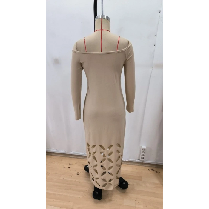 MARSiLYAN- Kadın Madonna Yaka Uzun Kollu Lazer çiçek Kesim Detaylı Uzun Ithal Krep Elbise