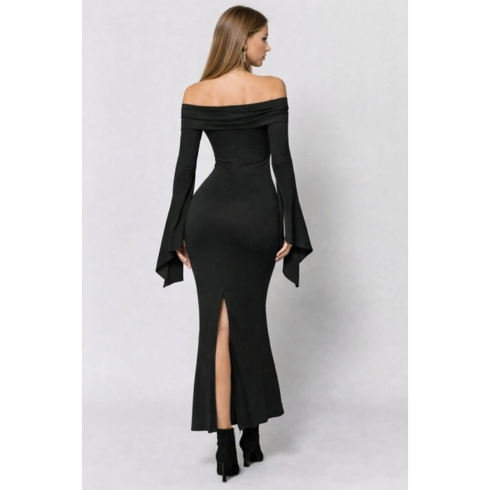 MARSiLYAN- Kadın Madonna Yaka Uzun Yırtmaç Kol Detaylı Uzun Ithal Krep Elbise